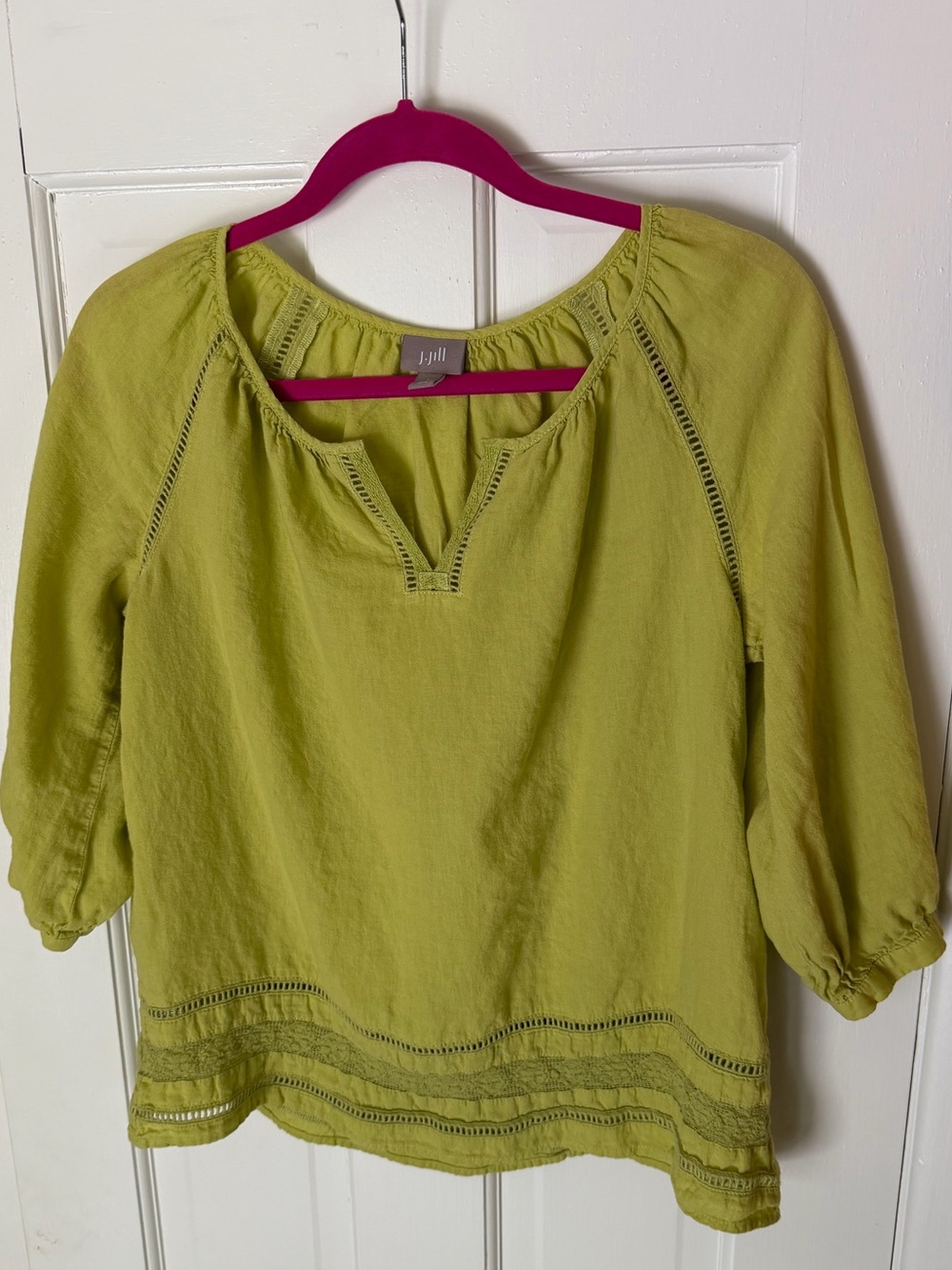 J. Jill Small Citron Green Boho Blouse Ladder Lace Trim 3/4 Sleeve Cotton